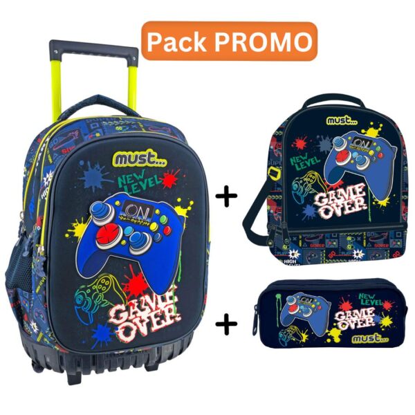 PACK Cartable à roulettes + Sac a repas + Trousse MUST Game Over 45 cm