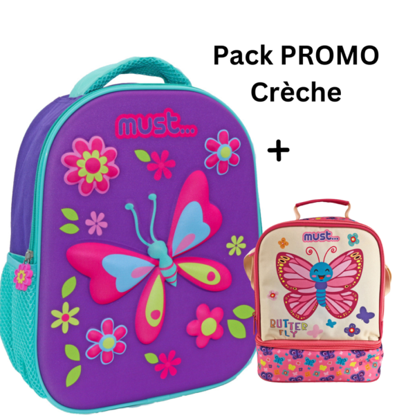 PACK Sac à dos creche + Sac a repas MUST Butterfly 3D 31 cm